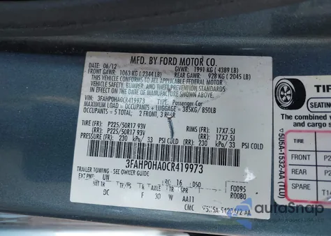 2012 Ford Fusion Se from USA, damaged, VIN 3FAHP0HA0CR419973